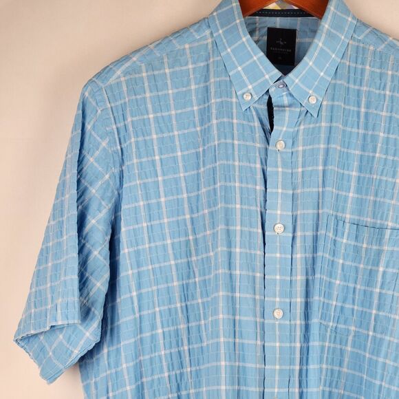 Taylor Byrd Shirt Mens XL Blue Plaid Seersucker Short Sleeve Button Down Preppy - Picture 3 of 10